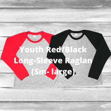 Load image into Gallery viewer, Rockin D Designs &amp; Sublimation LLC Shirts &amp; Tops Youth Black/Red Long-Sleeve Sublimation Raglan (Sm-Large)
